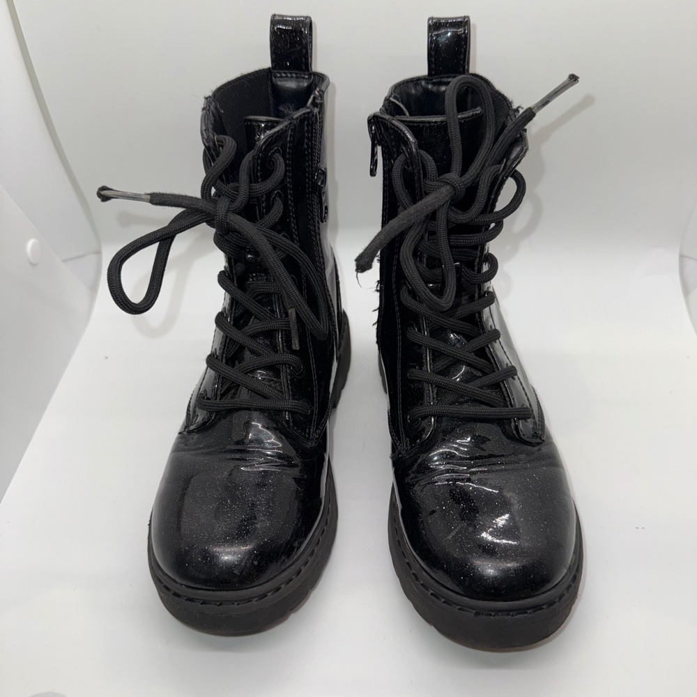 Art Class Girls Black Patent Glitter Combat Boots Side Zip Lug Sole Size 13